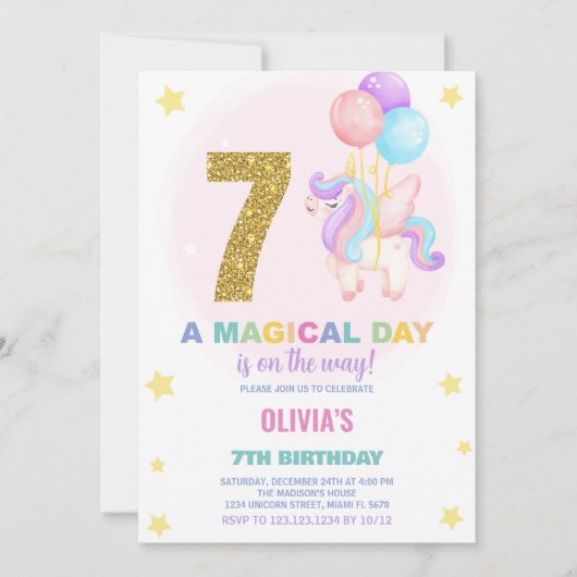 7e anniversaire Unicorn Anniversaire Invitations (Devant)