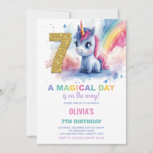 7e anniversaire Unicorn Anniversaire Invitations (Devant)