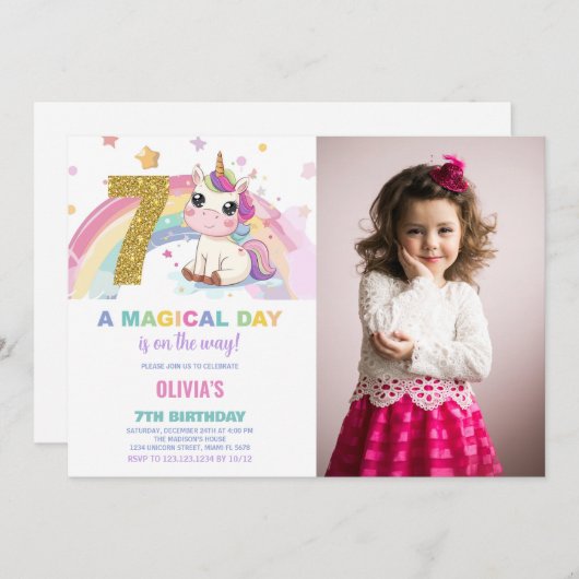 7e anniversaire Unicorn Birthday Invitations photo (Devant / Derrière)