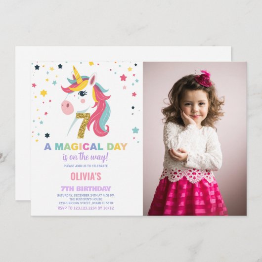 7e anniversaire Unicorn Birthday Invitations photo (Devant / Derrière)
