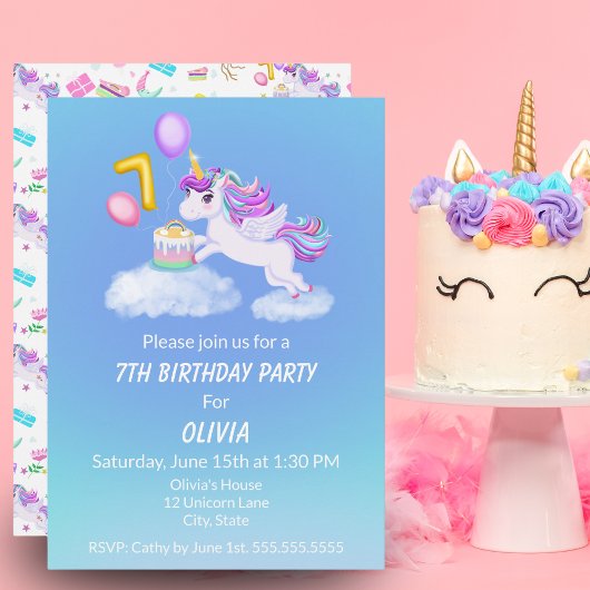 7e anniversaire Unicorne avec invitation de gâteau