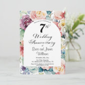 7e bruiloft Jubileum Elegant Script Floral Kaart (Staand voorkant)