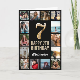 7e Happy Birthday Black en Gold Photo Collage Kaart