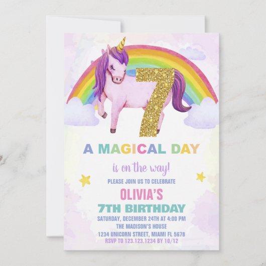 7e Rainbow Unicorn Anniversaire Invitations Cloud (Devant)