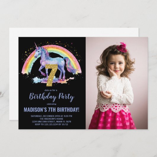7e Rainbow Unicorn Birthday Invitations photo (Devant / Derrière)
