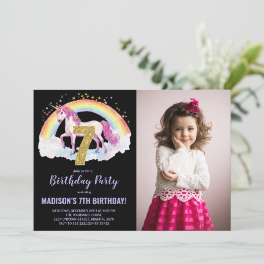 7e Rainbow Unicorn Birthday Invitations photo (Debout devant)