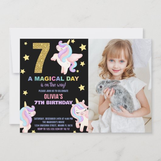 7e Rainbow Unicorn Invitations Anniversaire avec p (Devant)