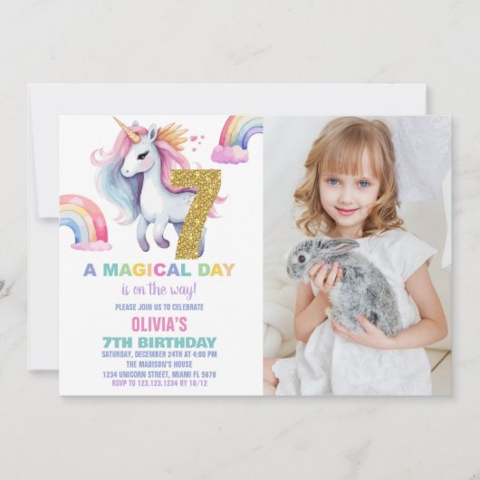 7e Rainbow Unicorn Invitations Anniversaire avec p (Devant)