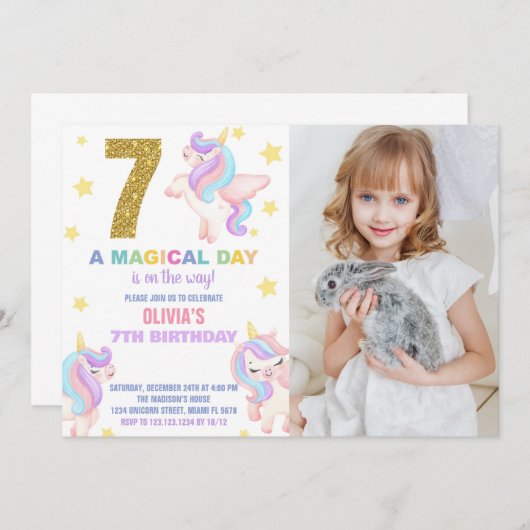 7e Rainbow Unicorn Invitations Anniversaire avec p (Devant / Derrière)