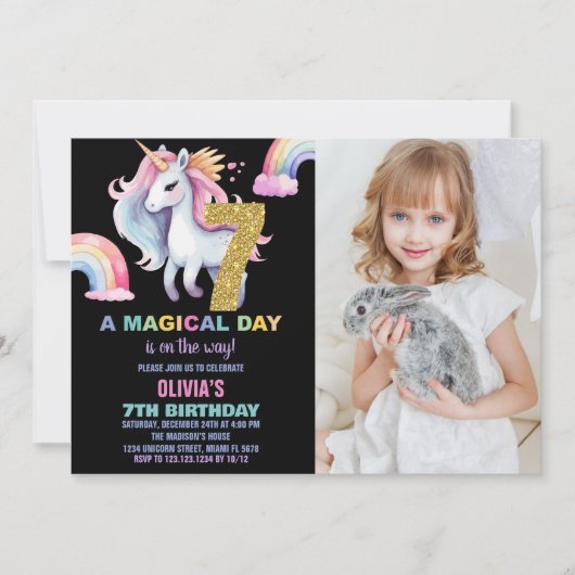 7e Rainbow Unicorn Invitations Anniversaire avec p (Devant)