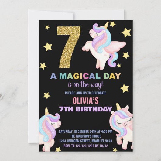 7e Rainbow Unicorn Invitations Anniversaire Vol (Devant)