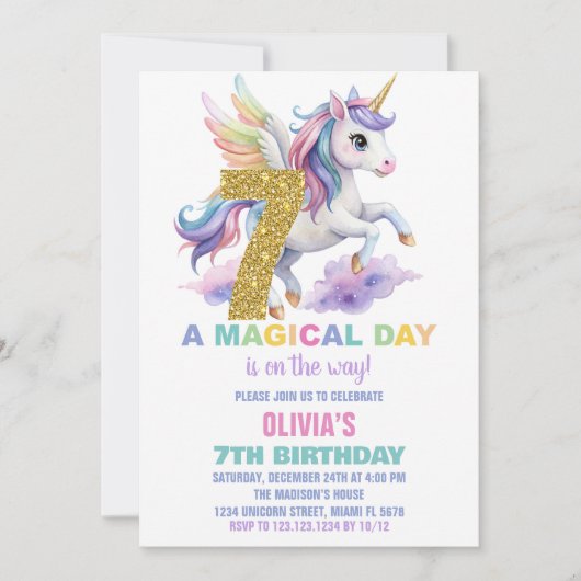7e Rainbow Unicorn Invitations Anniversaire Vol (Devant)