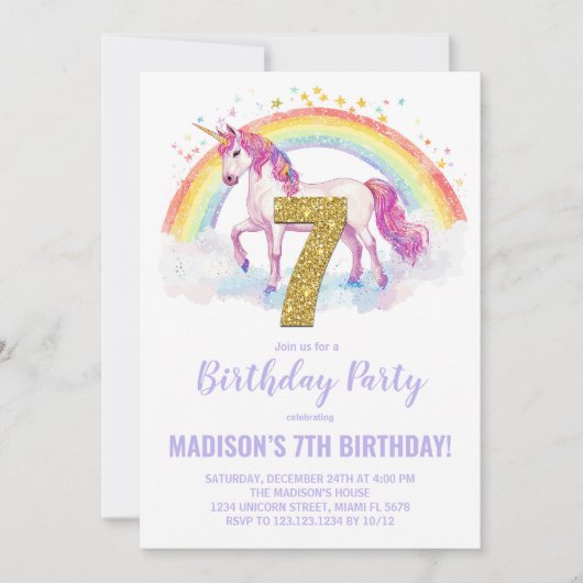 7e Rainbow Unicorn Invitations d'anniversaire (Devant)