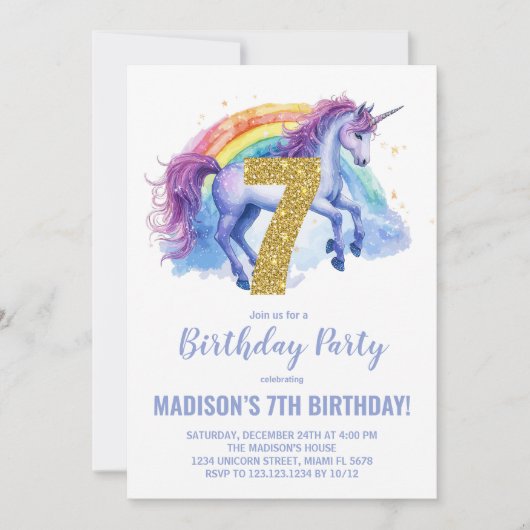 7e Rainbow Unicorn Invitations d'anniversaire (Devant)
