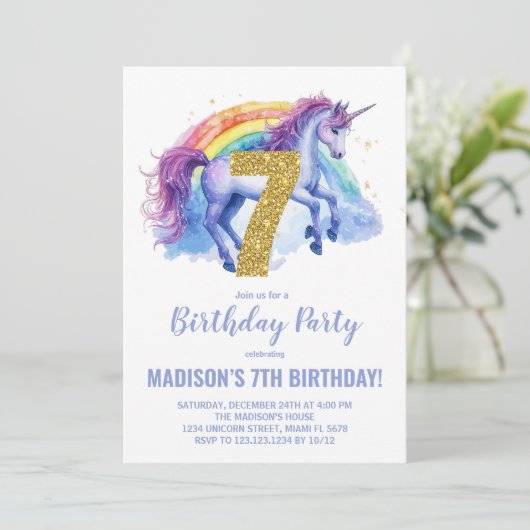 7e Rainbow Unicorn Invitations d'anniversaire (Debout devant)