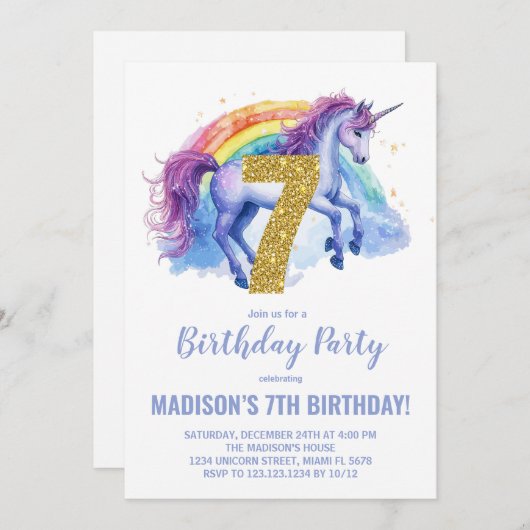 7e Rainbow Unicorn Invitations d'anniversaire (Devant / Derrière)