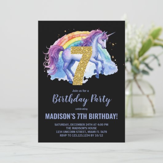 7e Rainbow Unicorn Invitations d'anniversaire (Debout devant)