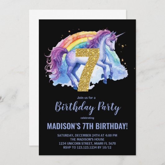 7e Rainbow Unicorn Invitations d'anniversaire (Devant / Derrière)