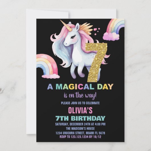 7e Rainbow Unicorn Verjaardag Uitnodigingen Waterc (Voorkant)