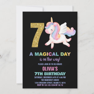 7e Rainbow Unicorn Verjaardag Uitnodigingen Zwart