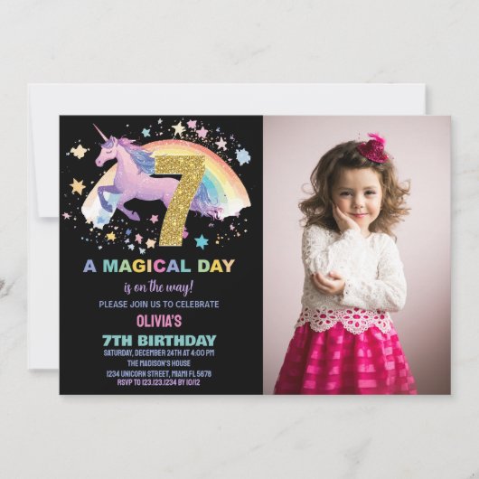 7e Unicorn Anniversaire Invitations avec photo (Devant)