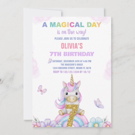 7e Unicorne florale Invitations d'anniversaire (Devant)