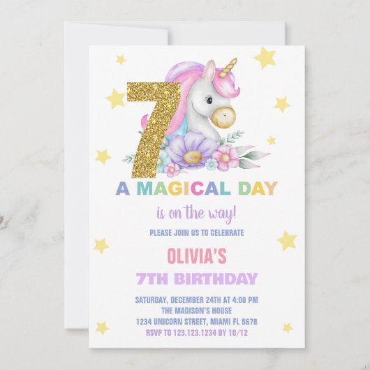 7e Unicorne florale Invitations d'anniversaire (Devant)