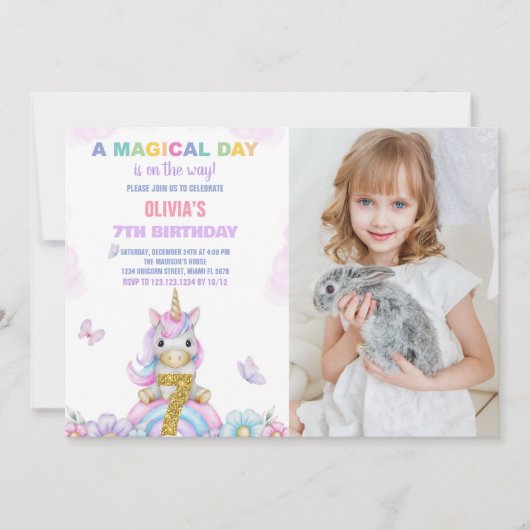 7e Unicorne florale Invitations d'anniversaire ave (Devant)