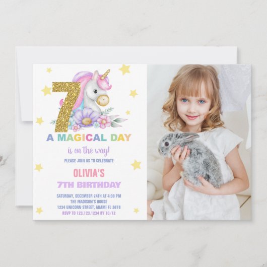 7e Unicorne florale Invitations d'anniversaire ave (Devant)