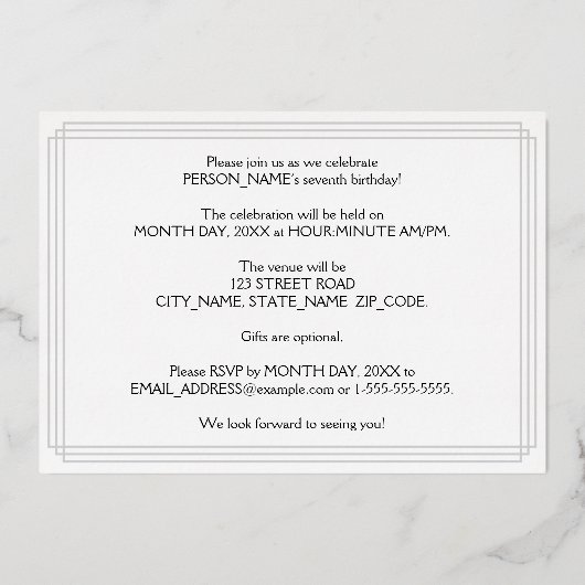 7e verjaardag: Art Deco Kijk "7" en naam Folie Uitnodiging (Achterkant)