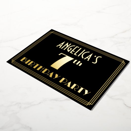 7e verjaardag: Art Deco Kijk "7", met naam Folie Uitnodiging (Gedraaid)
