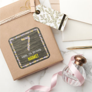 7e verjaardag: Bloemennummer, Faux Wood Look, Naam Vierkante Sticker