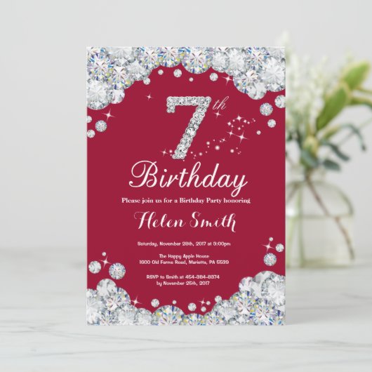 7e verjaardag Burgundy Red en Silver Diamond Kaart (Staand voorkant)