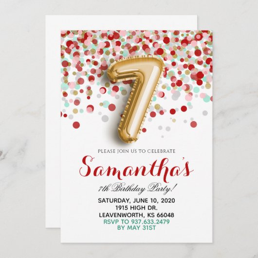 7e verjaardag Confetti Kaart (Voorkant / Achterkant)