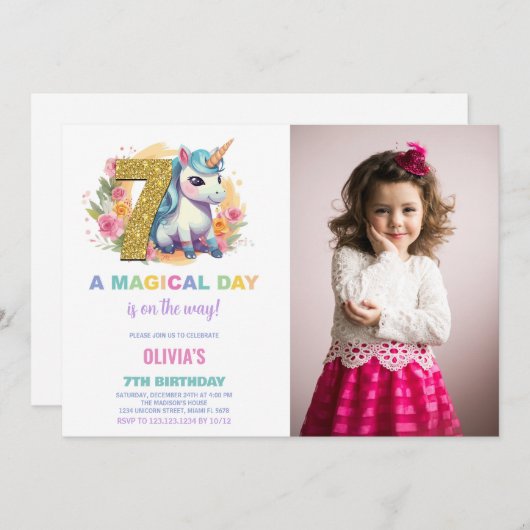 7e Verjaardag Eenhoorn Verjaardag Uitnodigingen fo (Voorkant / Achterkant)