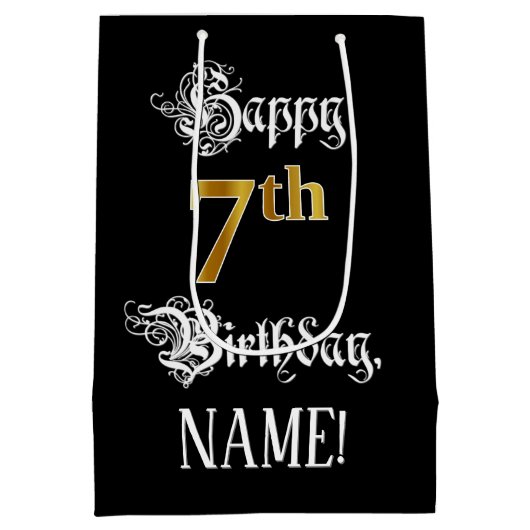 7e verjaardag ~ Fancy script; Faux Gold Kijk; naam Medium Cadeauzakje (Achterkant)