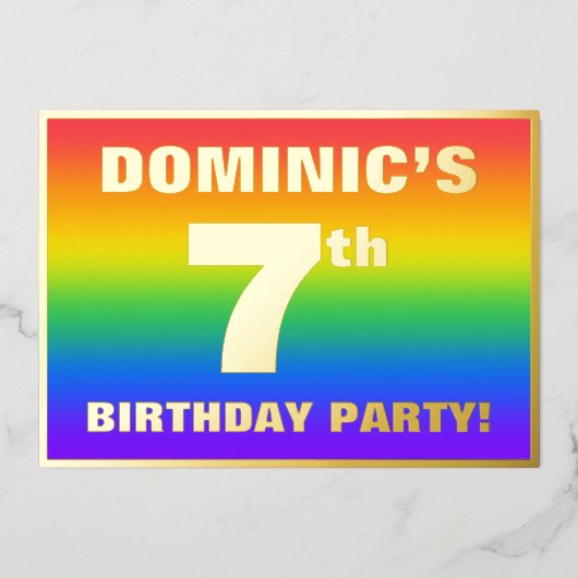 7e verjaardag: Fun, kleurrijk regenboogpatroon Folie Uitnodiging (Voorkant)