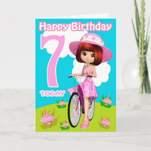 7e verjaardag Kaart meisje op de fiets
