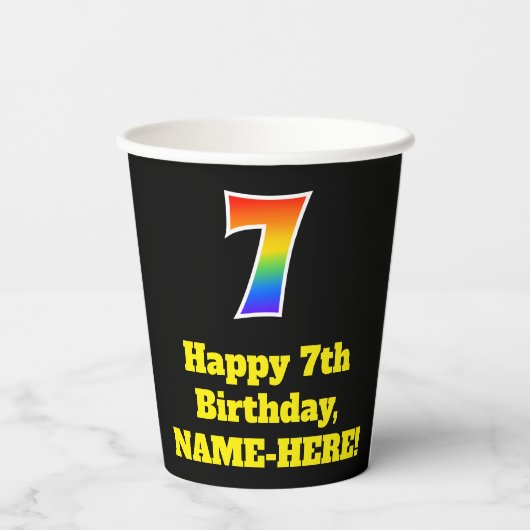 7e verjaardag: Kleurrijk, Leuk, Spannend, Regenboo Papieren Bekers (Achterkant)