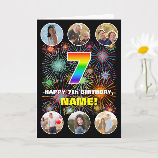 7e verjaardag: Leuke regenboog #, aangepaste naam  Kaart (Kleine Plant)