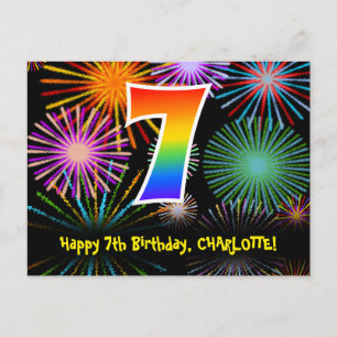 7e verjaardag – Leuke vuurwerkpatroon + Regenboog  Briefkaart