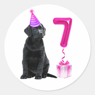 7e Verjaardag Puppy Thema- Schattige Hond Roze Mei Ronde Sticker