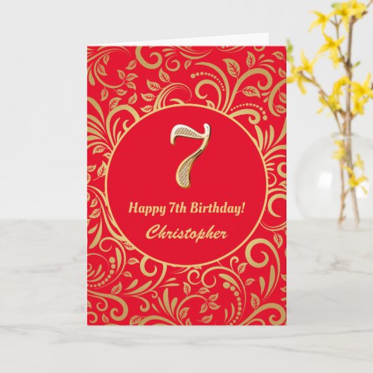 7e verjaardag: Red en Gold Floral Pattern Kaart (Gele Bloem)