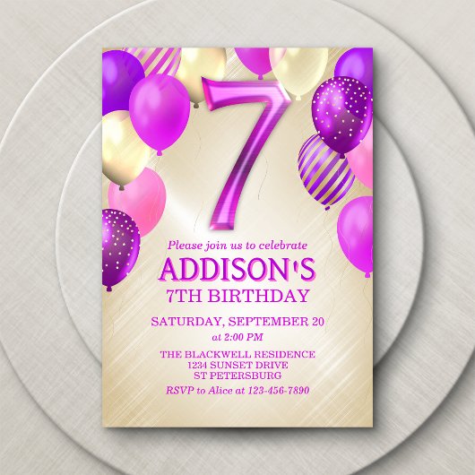 7e verjaardag roze ballonnen uitnodiging