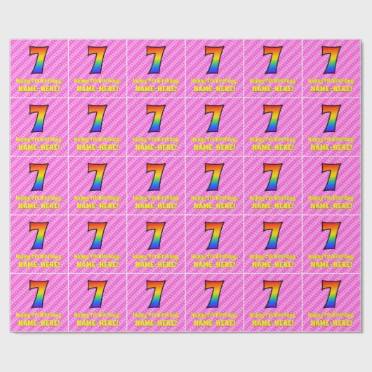 7e verjaardag: Roze strips & harten, regenboognr. Cadeaupapier (Vlak)