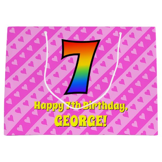 7e verjaardag: Roze strips & harten, regenboognr.  Groot Cadeauzakje (Voorkant)