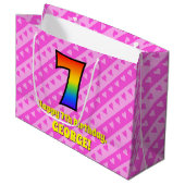 7e verjaardag: Roze strips & harten, regenboognr.  Groot Cadeauzakje (Voorkant Gekanteld)