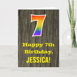7e verjaardag: Rustic Faux Wood Kijk, regenboog "7 Kaart