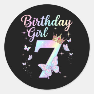 7e verjaardag shirt meisje zeven 7 jaar oud vlinde ronde sticker