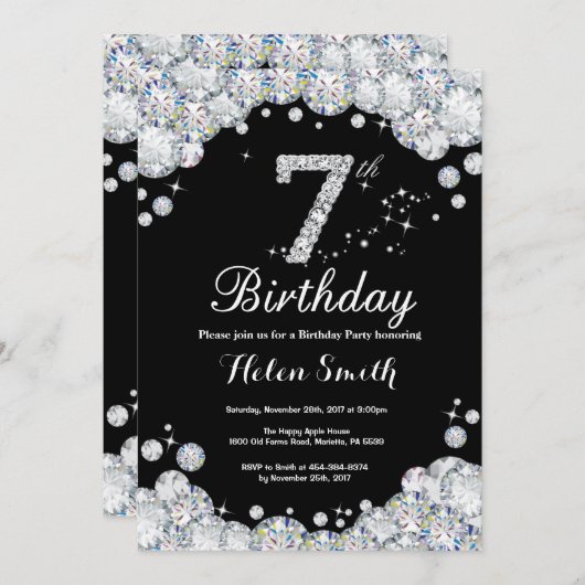 7e verjaardag Uitnodiging Chalkboard Silver Diamon (Voorkant / Achterkant)